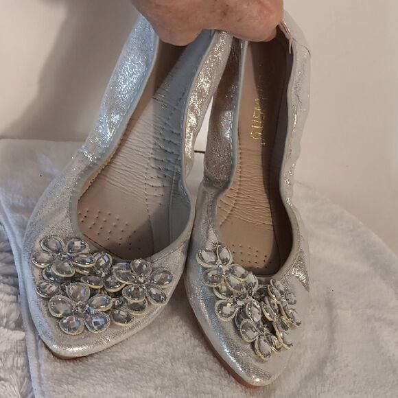 Silver Glitter Flats with Floral Embellishments - Picture 1 of 8